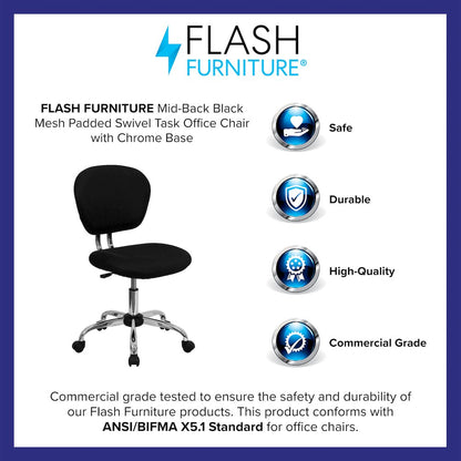 Mid-Back Black Mesh Padded Swivel Task Office Chair with Chrome Base