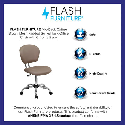 Mid-Back Coffee Brown Mesh Padded Swivel Task Office Chair with Chrome Base