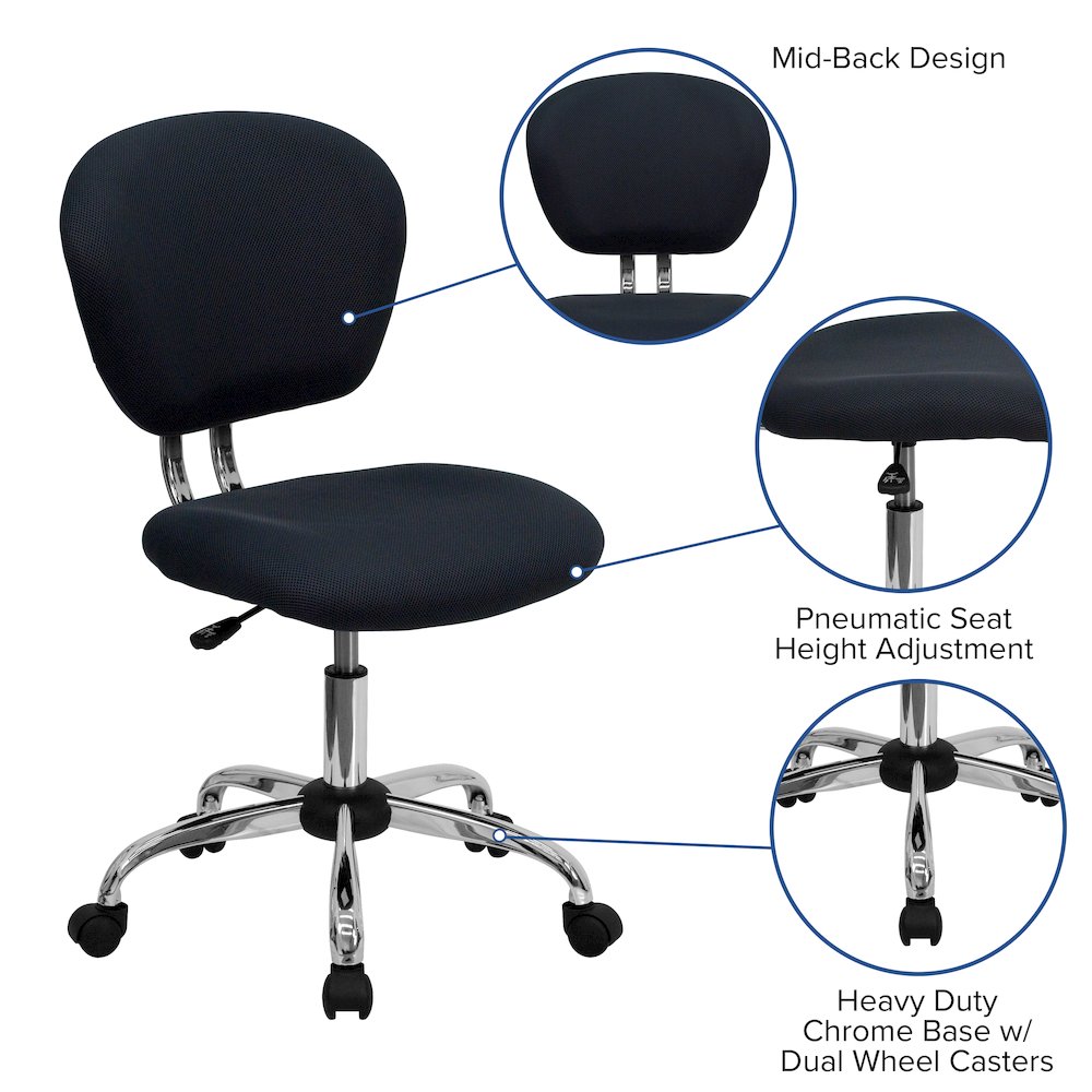 Mid-Back Gray Mesh Padded Swivel Task Office Chair with Chrome Base