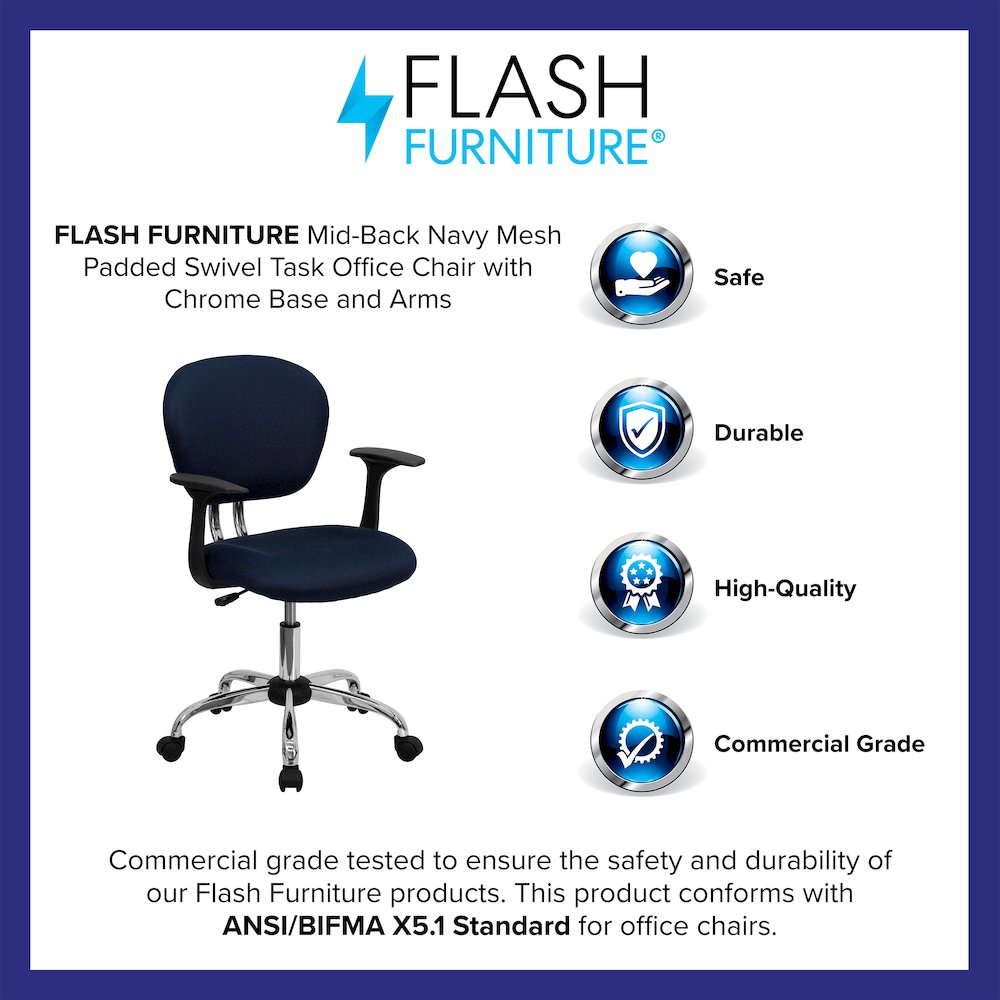 Mid-Back Navy Mesh Padded Swivel Task Office Chair with Chrome Base and Arms