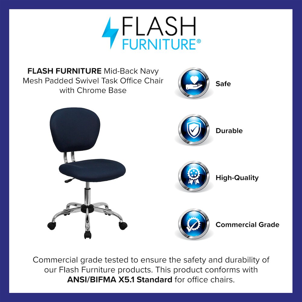 Mid-Back Navy Mesh Padded Swivel Task Office Chair with Chrome Base