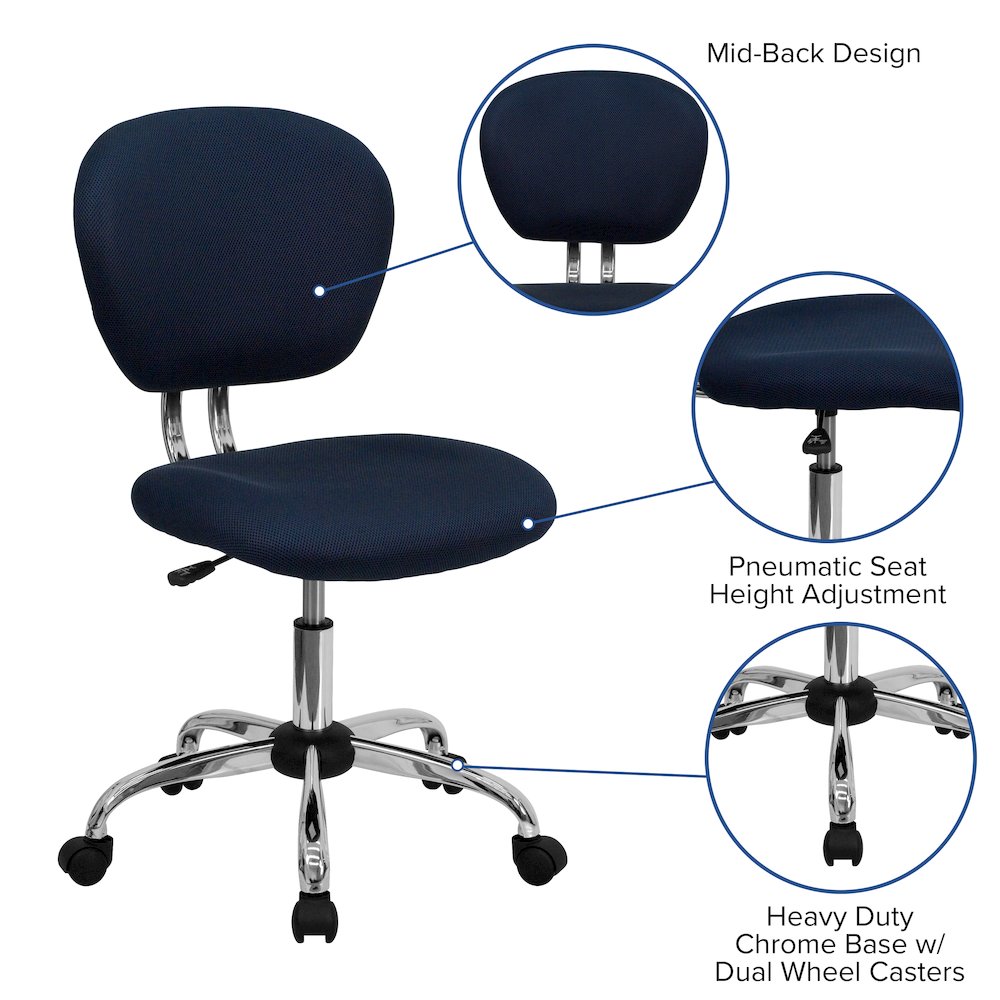 Mid-Back Navy Mesh Padded Swivel Task Office Chair with Chrome Base