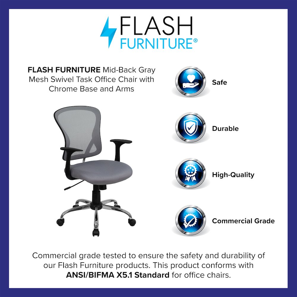 Mid-Back Gray Mesh Swivel Task Office Chair with Chrome Base and Arms