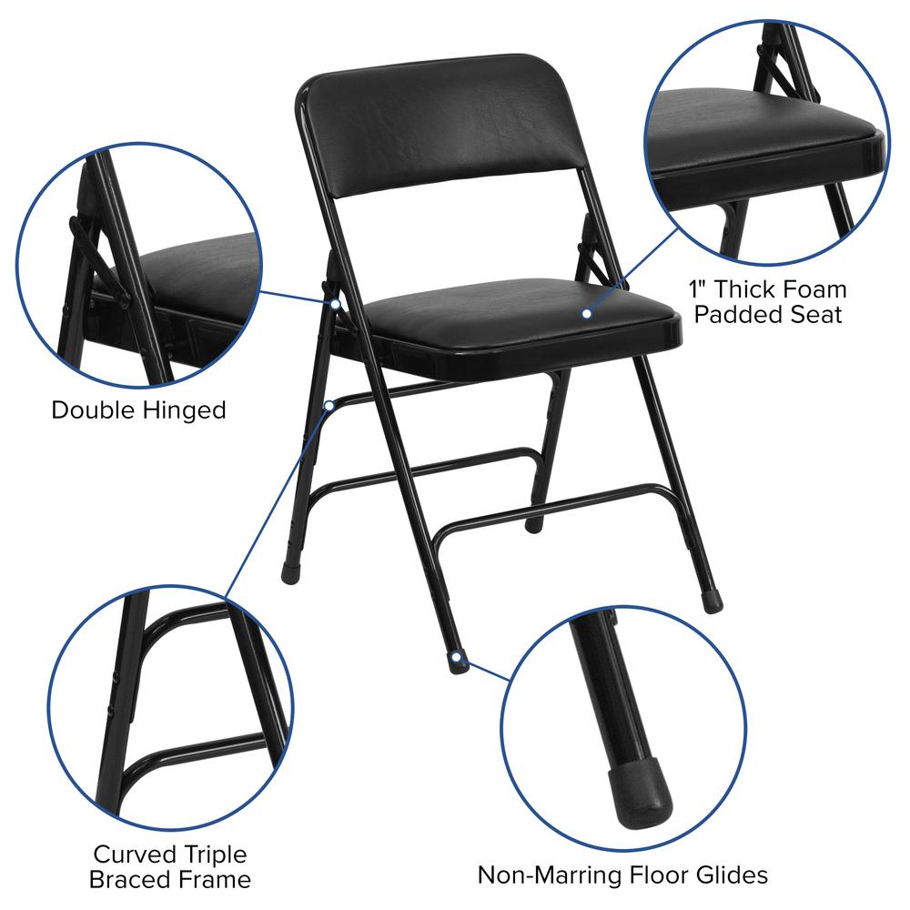 Curved Triple Braced & Double Hinged Black Vinyl Metal Folding Chair