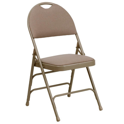 Ultra-Premium Triple Braced Beige Fabric Metal Folding Chair with Easy-Carry Handle