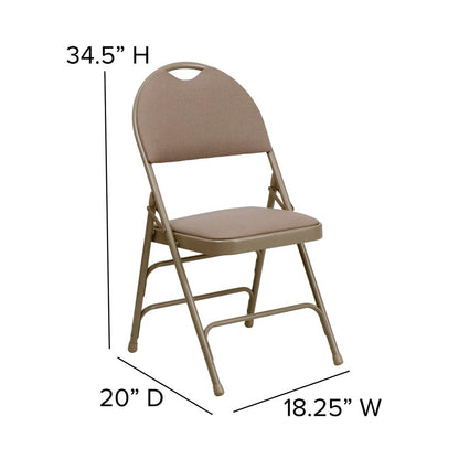 Ultra-Premium Triple Braced Beige Fabric Metal Folding Chair with Easy-Carry Handle