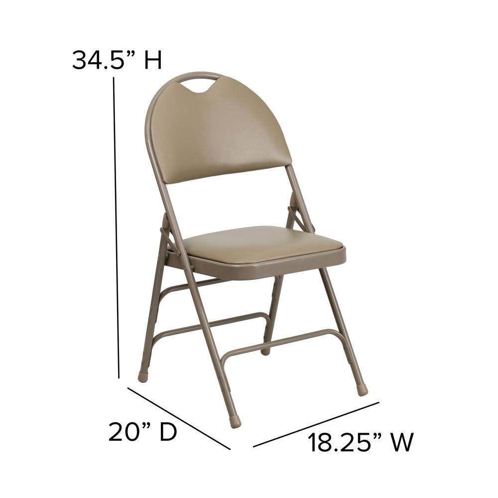 Ultra-Premium Triple Braced Beige Vinyl Metal Folding Chair with Easy-Carry Handle