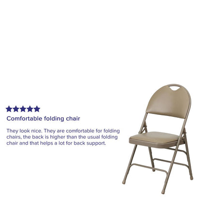 Ultra-Premium Triple Braced Beige Vinyl Metal Folding Chair with Easy-Carry Handle
