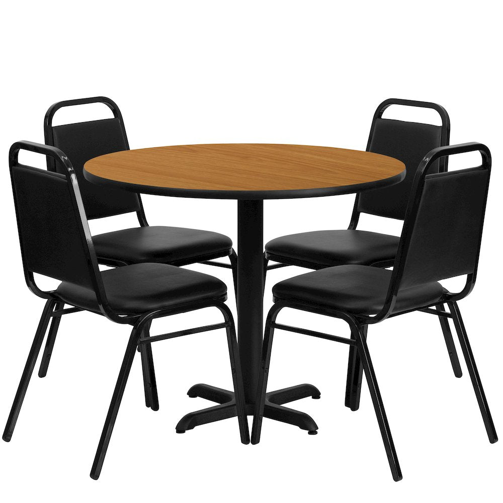 36'' Natural Table Set with X-Base and 4 Black Trapezoidal Back Banquet Chairs