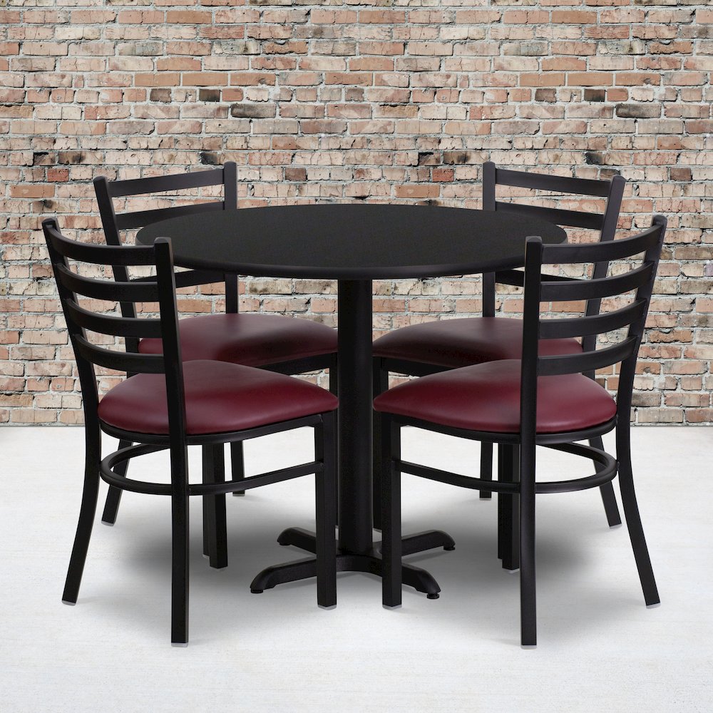 36'' Black Table Set with X-Base and 4 Metal Chairs - Burgundy Vinyl Seat