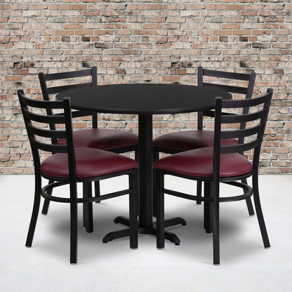 36'' Black Table Set with X-Base and 4 Metal Chairs - Burgundy Vinyl Seat