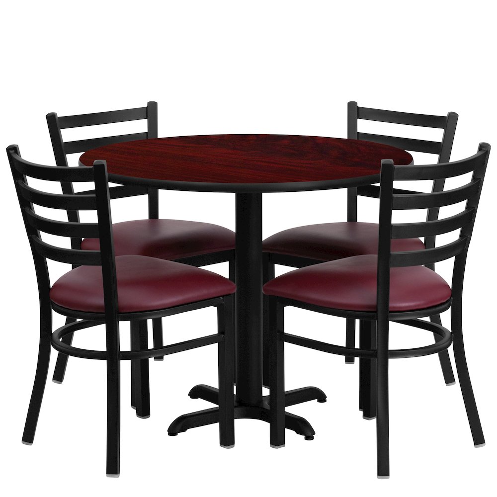 36'' Mahogany Table Set with X-Base and 4 Metal Chairs - Burgundy Vinyl Seat