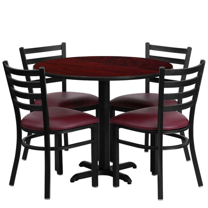 36'' Mahogany Table Set with X-Base and 4 Metal Chairs - Burgundy Vinyl Seat