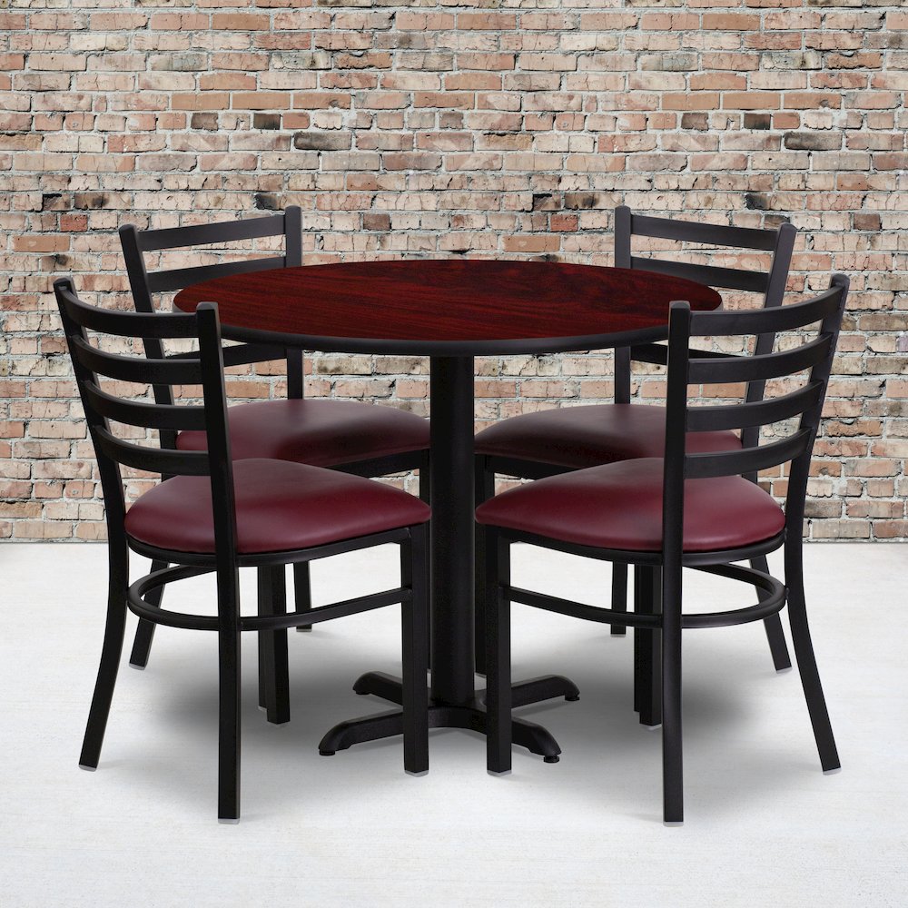 36'' Mahogany Table Set with X-Base and 4 Metal Chairs - Burgundy Vinyl Seat