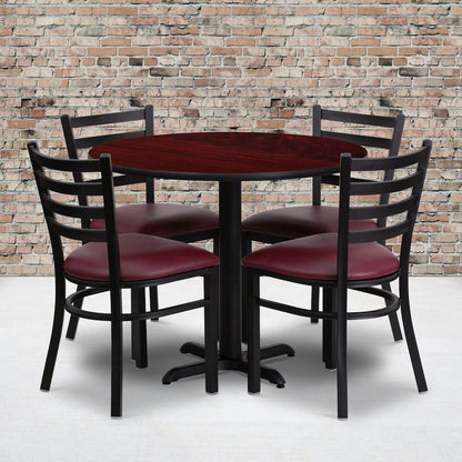 36'' Mahogany Table Set with X-Base and 4 Metal Chairs - Burgundy Vinyl Seat