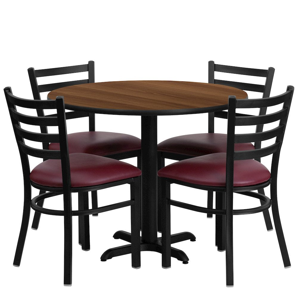 36'' Walnut Table Set with X-Base and 4 Metal Chairs - Burgundy Vinyl Seat