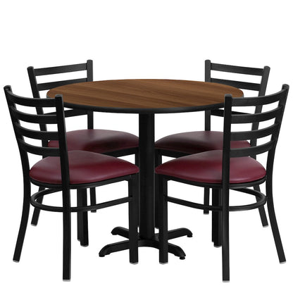 36'' Walnut Table Set with X-Base and 4 Metal Chairs - Burgundy Vinyl Seat