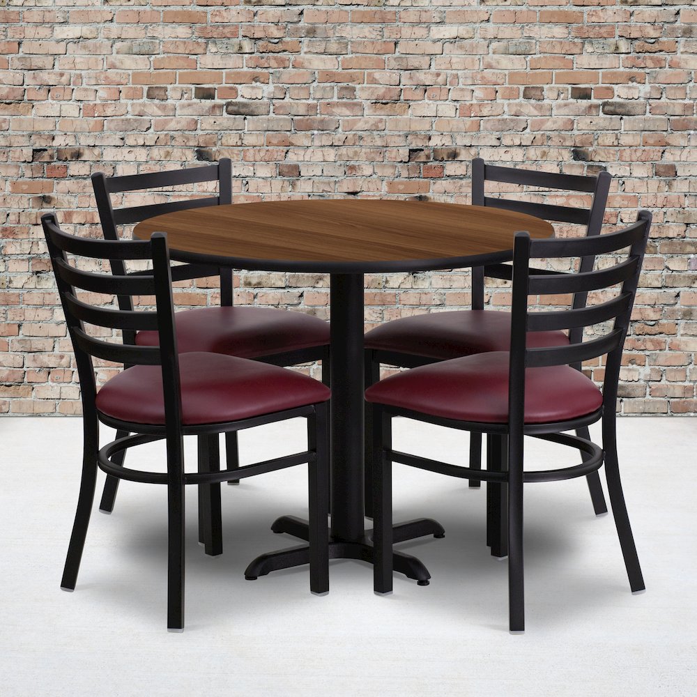 36'' Walnut Table Set with X-Base and 4 Metal Chairs - Burgundy Vinyl Seat