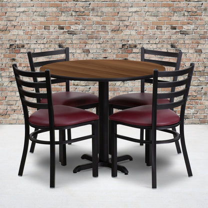 36'' Walnut Table Set with X-Base and 4 Metal Chairs - Burgundy Vinyl Seat