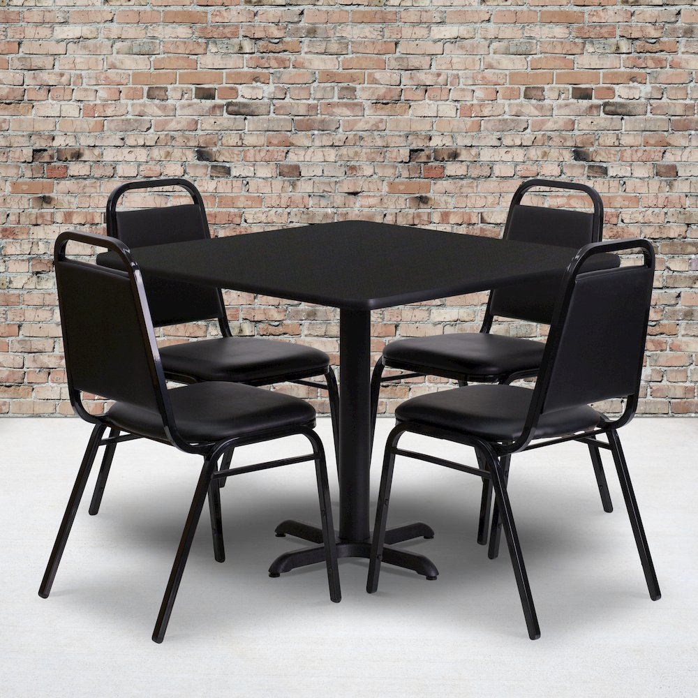 36'' Black Table Set with X-Base and 4 Black Trapezoidal Back Banquet Chairs