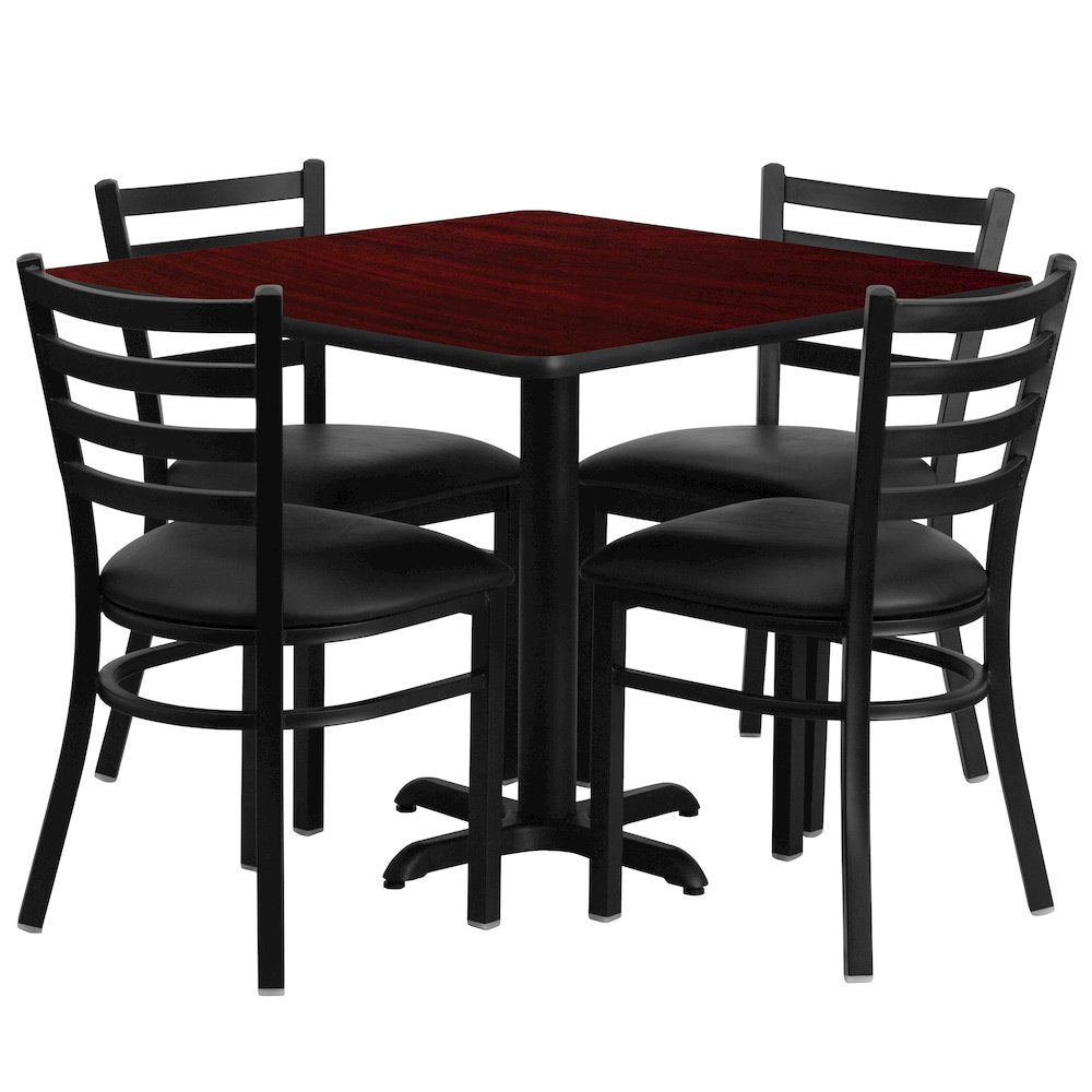 36'' Mahogany Table Set with X-Base and 4 Metal Chairs - Black Vinyl Seat