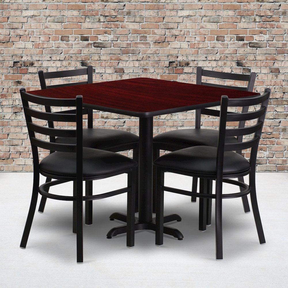 36'' Mahogany Table Set with X-Base and 4 Metal Chairs - Black Vinyl Seat