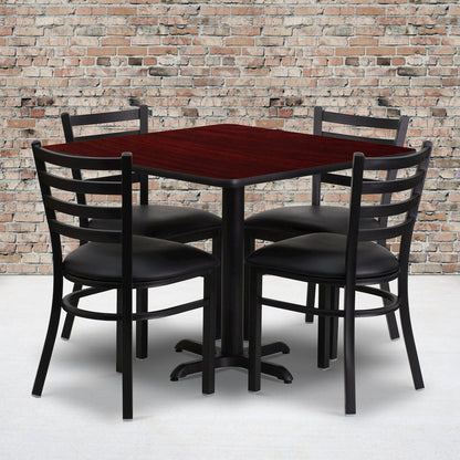 36'' Mahogany Table Set with X-Base and 4 Metal Chairs - Black Vinyl Seat