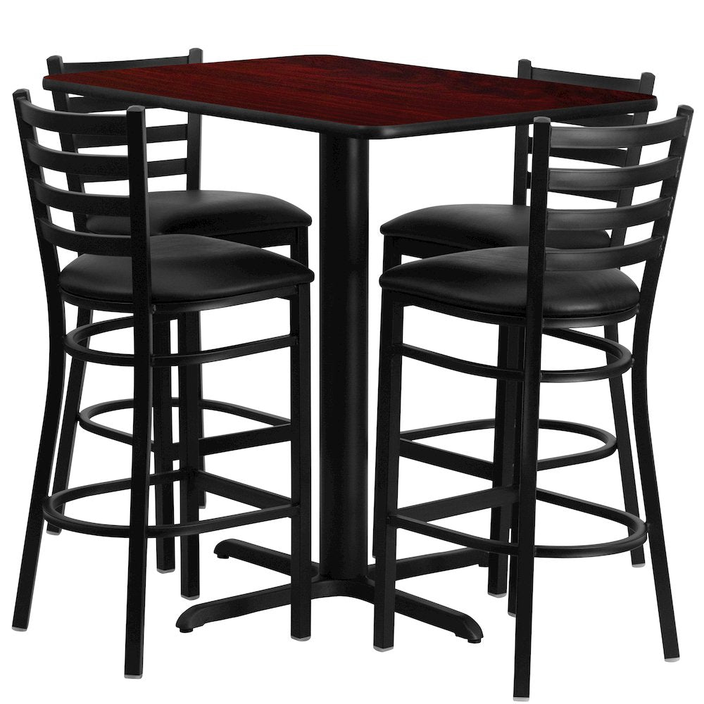24''W x 42''L Mahogany Table Set with 4 Metal Barstools - Black Vinyl Seat
