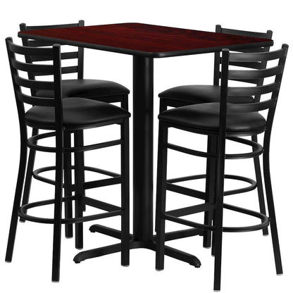 24''W x 42''L Mahogany Table Set with 4 Metal Barstools - Black Vinyl Seat