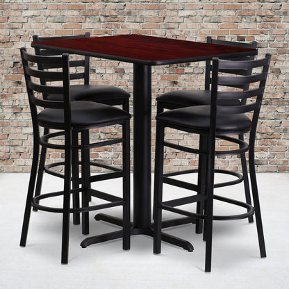 24''W x 42''L Mahogany Table Set with 4 Metal Barstools - Black Vinyl Seat