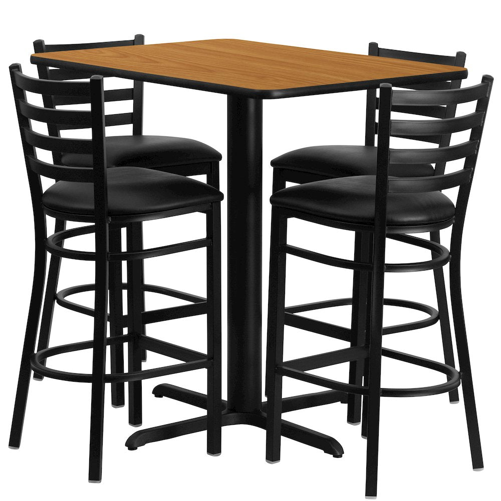 24''W x 42''L Natural Table Set with 4 Metal Barstools - Black Vinyl Seat