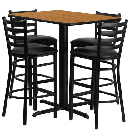 24''W x 42''L Natural Table Set with 4 Metal Barstools - Black Vinyl Seat