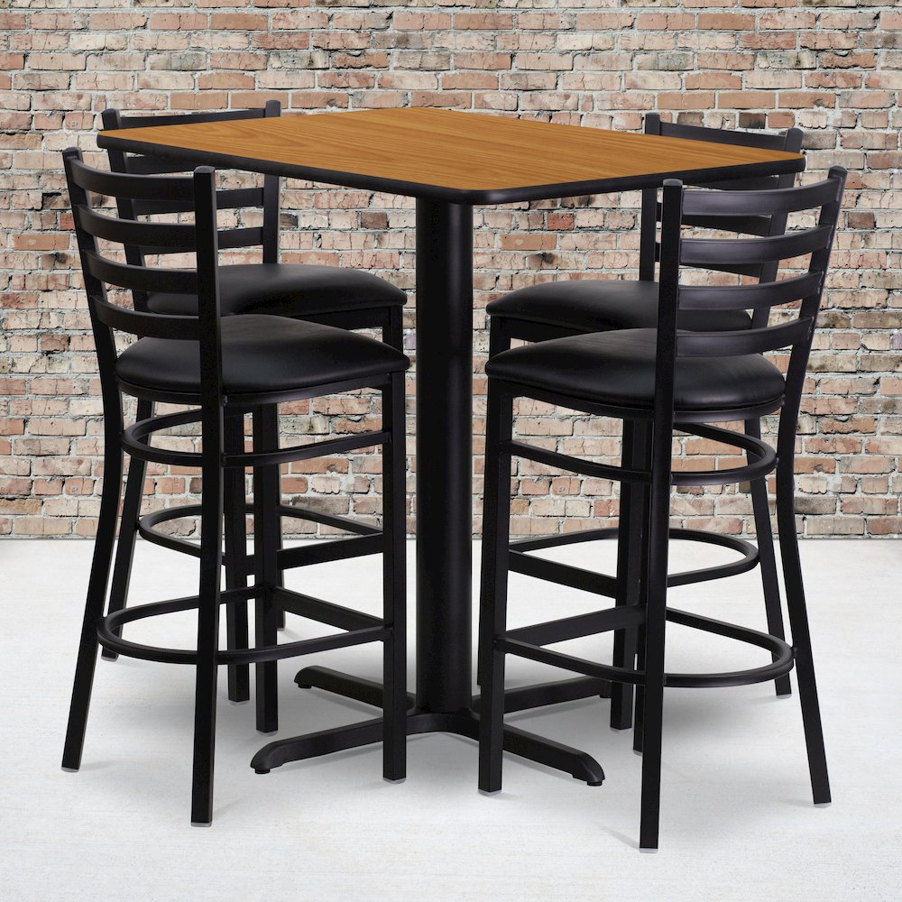 24''W x 42''L Natural Table Set with 4 Metal Barstools - Black Vinyl Seat