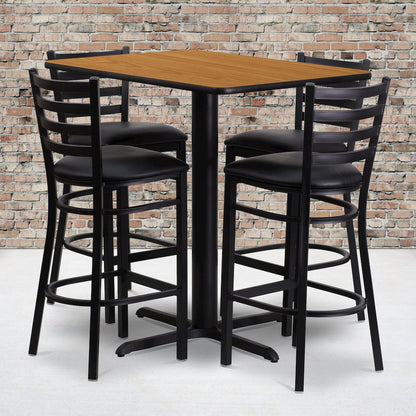 24''W x 42''L Natural Table Set with 4 Metal Barstools - Black Vinyl Seat