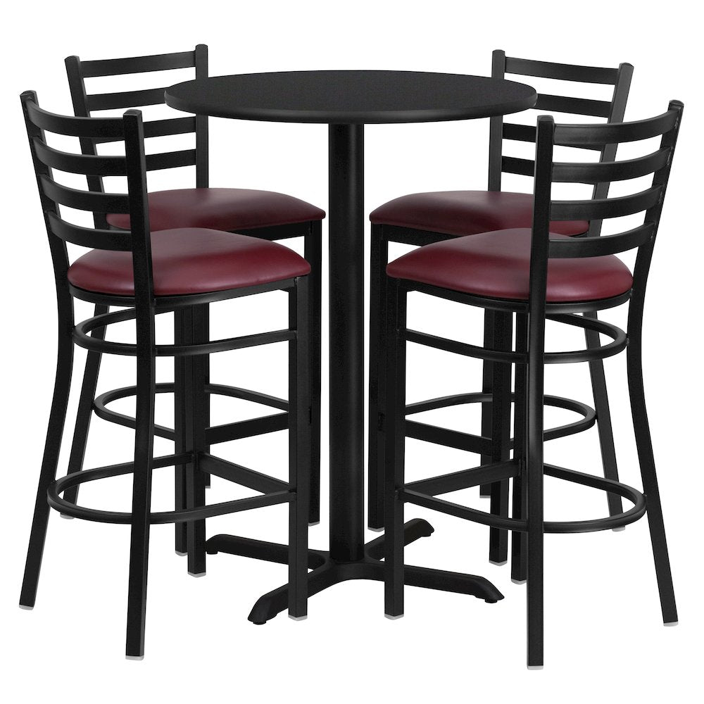 30'' Black Table Set with X-Base and 4 Metal Barstools - Burgundy Vinyl Seat