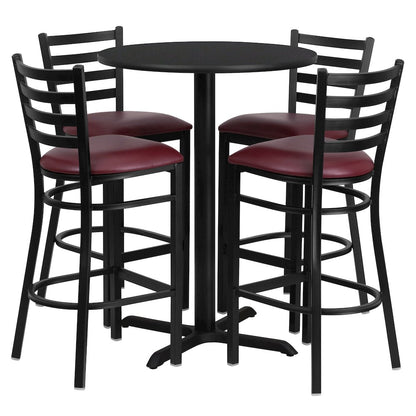 30'' Black Table Set with X-Base and 4 Metal Barstools - Burgundy Vinyl Seat