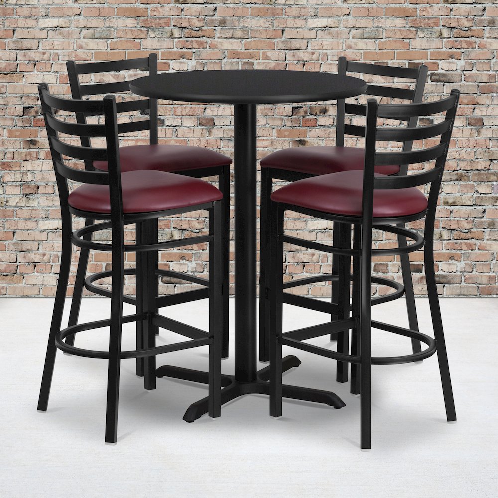 30'' Black Table Set with X-Base and 4 Metal Barstools - Burgundy Vinyl Seat