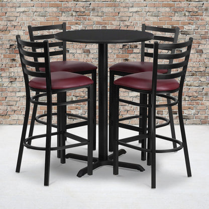 30'' Black Table Set with X-Base and 4 Metal Barstools - Burgundy Vinyl Seat
