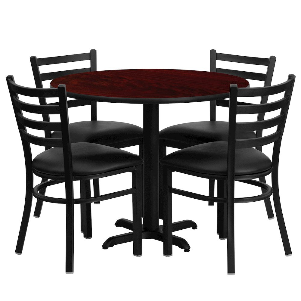 36'' Mahogany Table Set with X-Base and 4 Metal Chairs - Black Vinyl Seat