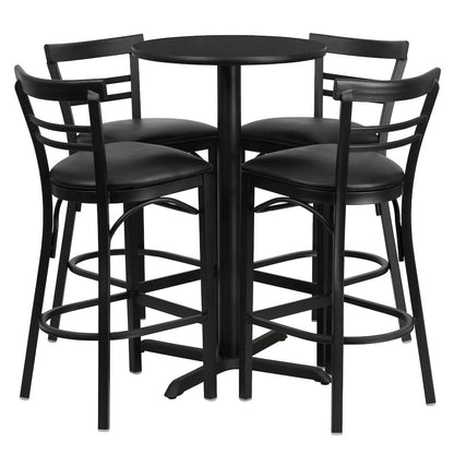 24'' Round Black Laminate Table Set with X-Base and 4 Two-Slat Ladder Back Metal Barstools - Black Vinyl Seat