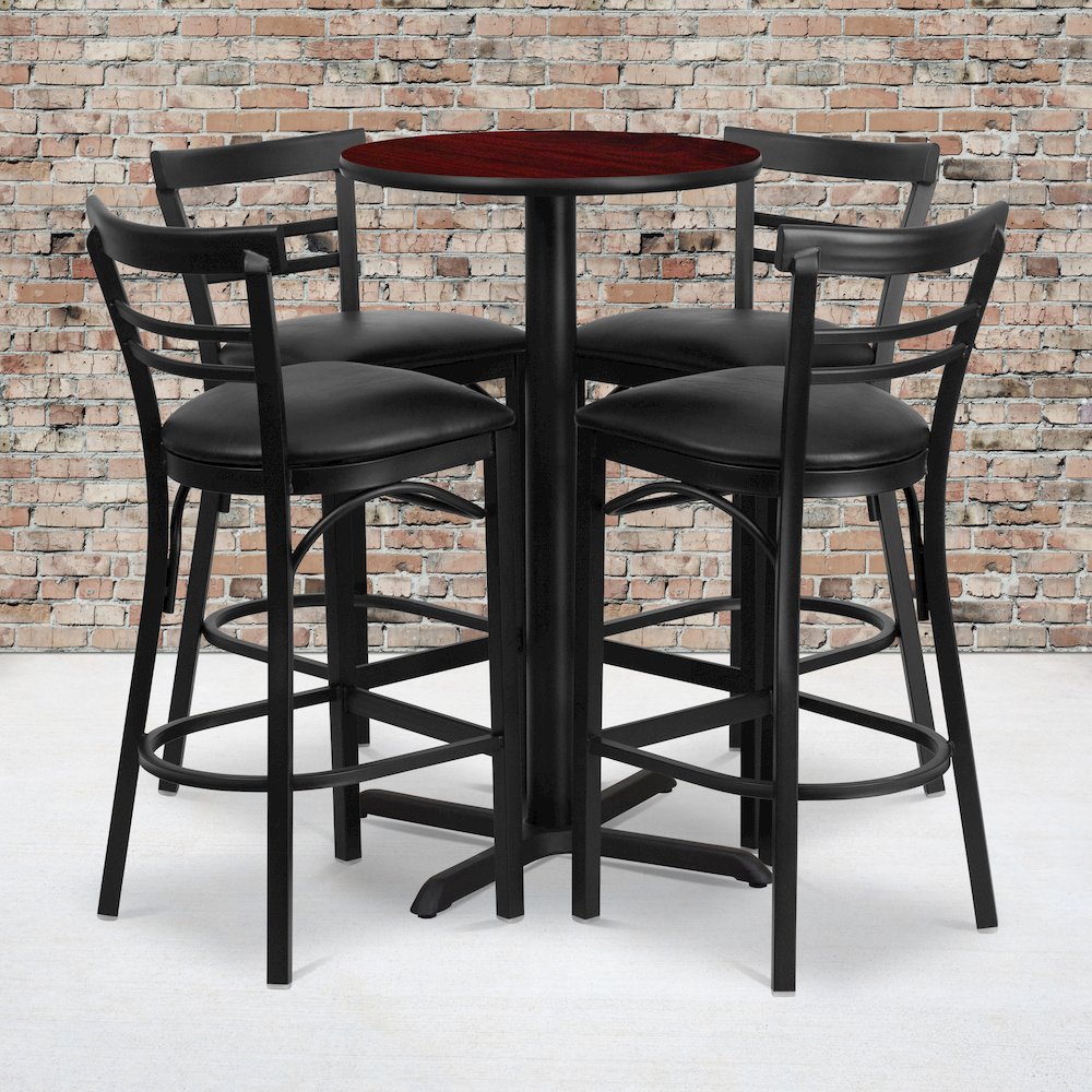 24'' Mahogany Table Set with X-4 Two-Slat Metal Barstools - Black Vinyl Seat
