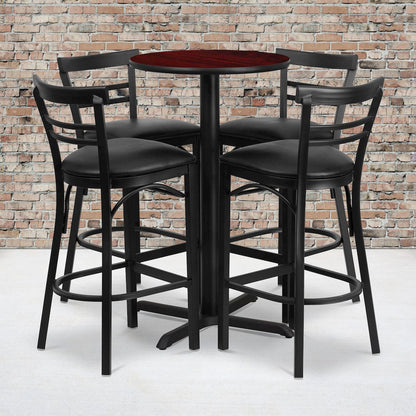 24'' Mahogany Table Set with X-4 Two-Slat Metal Barstools - Black Vinyl Seat