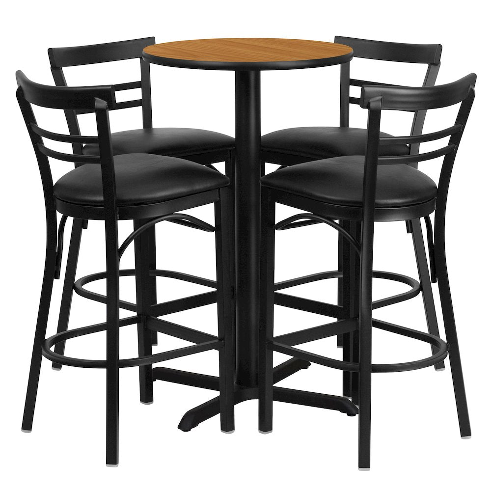 24'' Round Natural Laminate Table Set with X-Base and 4 Two-Slat Ladder Back Metal Barstools - Black Vinyl Seat