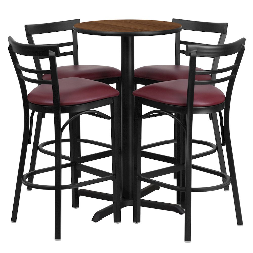 24'' Walnut Table Set with X-4 Two-Slat Metal Barstools - Burgundy Vinyl Seat