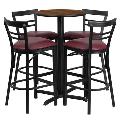 24'' Walnut Table Set with X-4 Two-Slat Metal Barstools - Burgundy Vinyl Seat