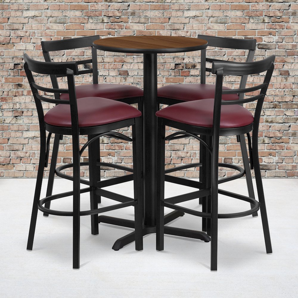 24'' Walnut Table Set with X-4 Two-Slat Metal Barstools - Burgundy Vinyl Seat