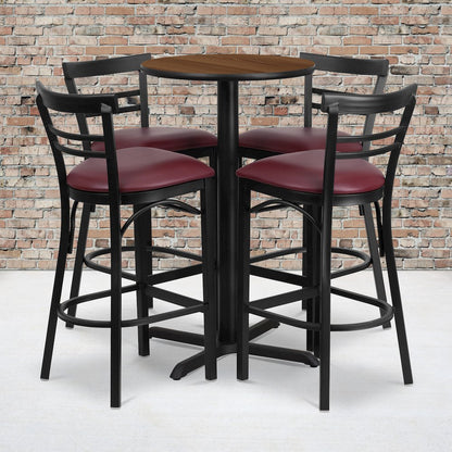 24'' Walnut Table Set with X-4 Two-Slat Metal Barstools - Burgundy Vinyl Seat