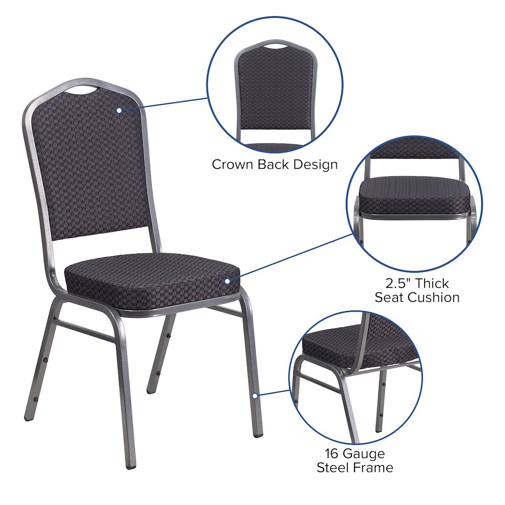 Crown Back Stacking Banquet Chair in Black Patterned Fabric - Silver Vein Frame
