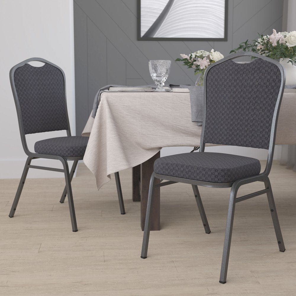 Crown Back Stacking Banquet Chair in Black Patterned Fabric - Silver Vein Frame
