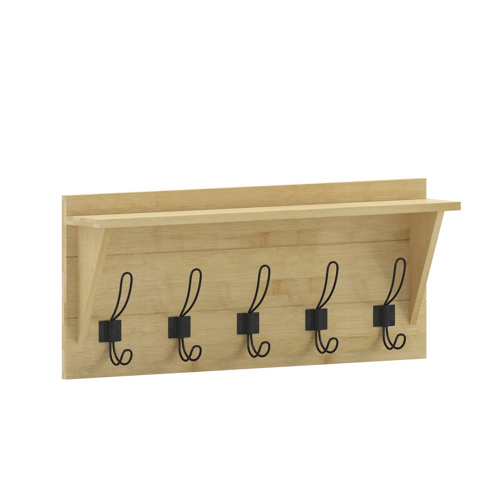 Wall Mounted 24 in Solid Pine Wood Storage Rack with Upper Shelf, Bamboo